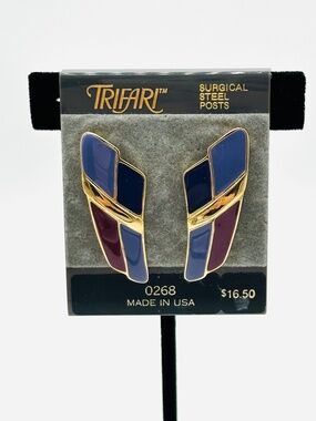Trifari Earrings Geometric Enamel Design Gold Tone Purple Blue Red VTG 80's